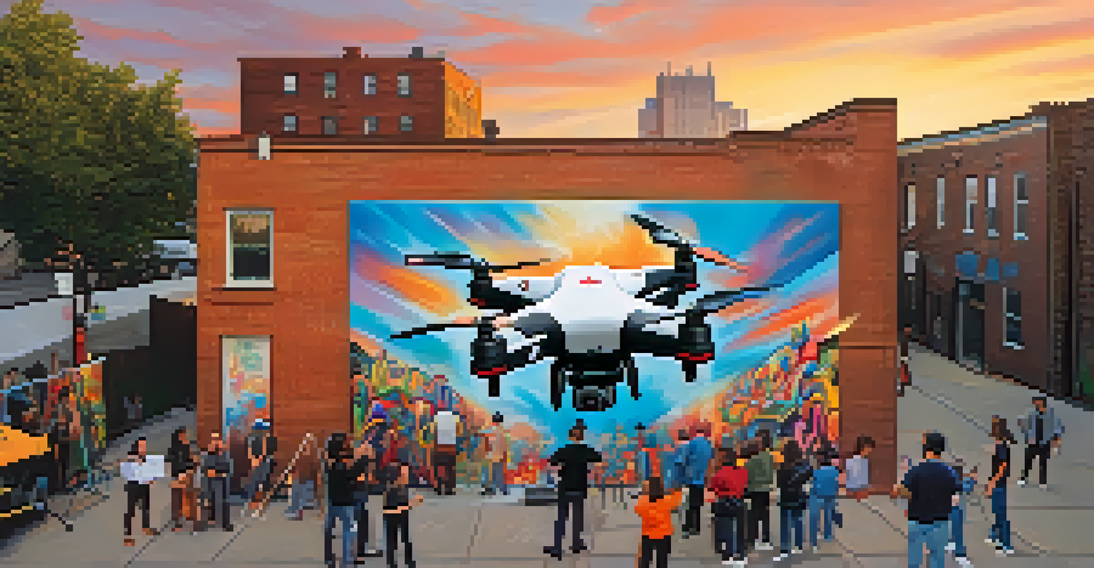 A drone spraying graffiti on a wall while onlookers admire the colorful mural being created during sunset.