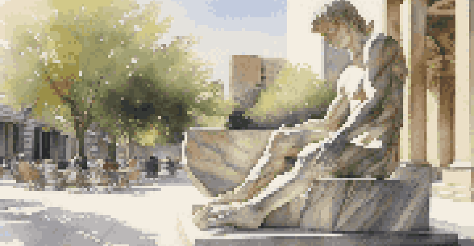A marble sculpture of a human figure in an outdoor plaza, with sunlight casting shadows and enhancing its details.