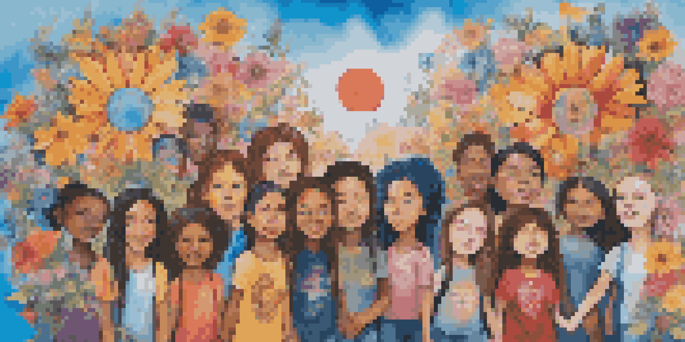 A colorful street mural showcasing young activists of diverse backgrounds holding hands under a bright blue sky, surrounded by flowers and peace symbols.