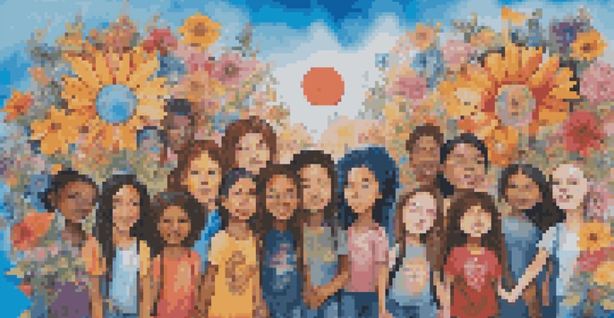 A colorful street mural showcasing young activists of diverse backgrounds holding hands under a bright blue sky, surrounded by flowers and peace symbols.