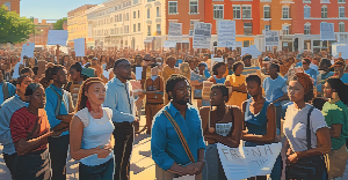 A diverse group of activists holding signs at a peaceful protest in a city square, with historical buildings in the background and warm sunlight illuminating the scene.