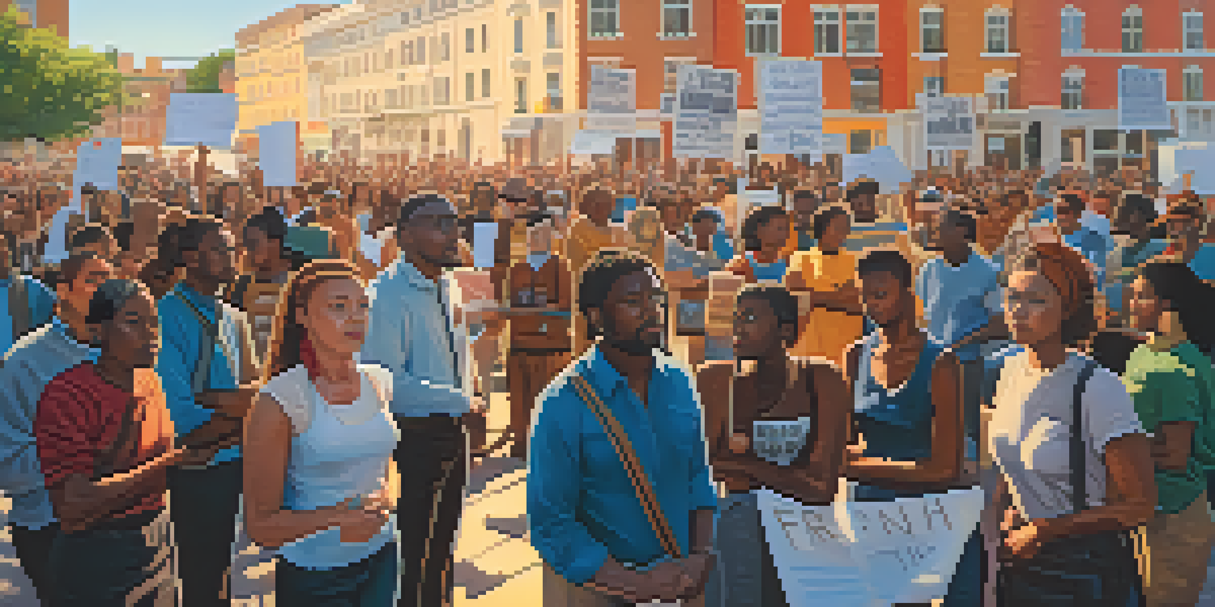 A diverse group of activists holding signs at a peaceful protest in a city square, with historical buildings in the background and warm sunlight illuminating the scene.