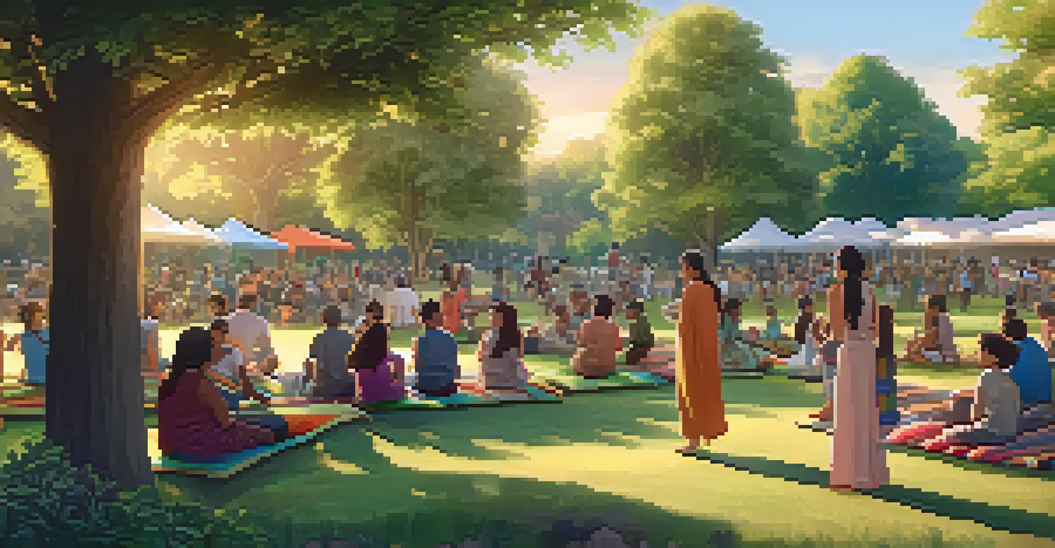 A community gathering in a park for storytelling, with lush greenery and warm lighting.