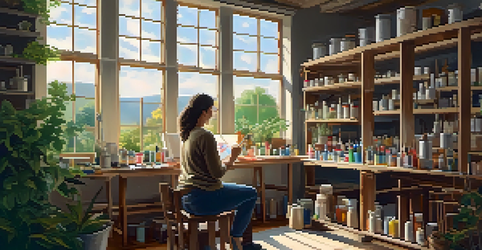 An artist in a bright studio, painting a landscape on a canvas surrounded by art supplies.