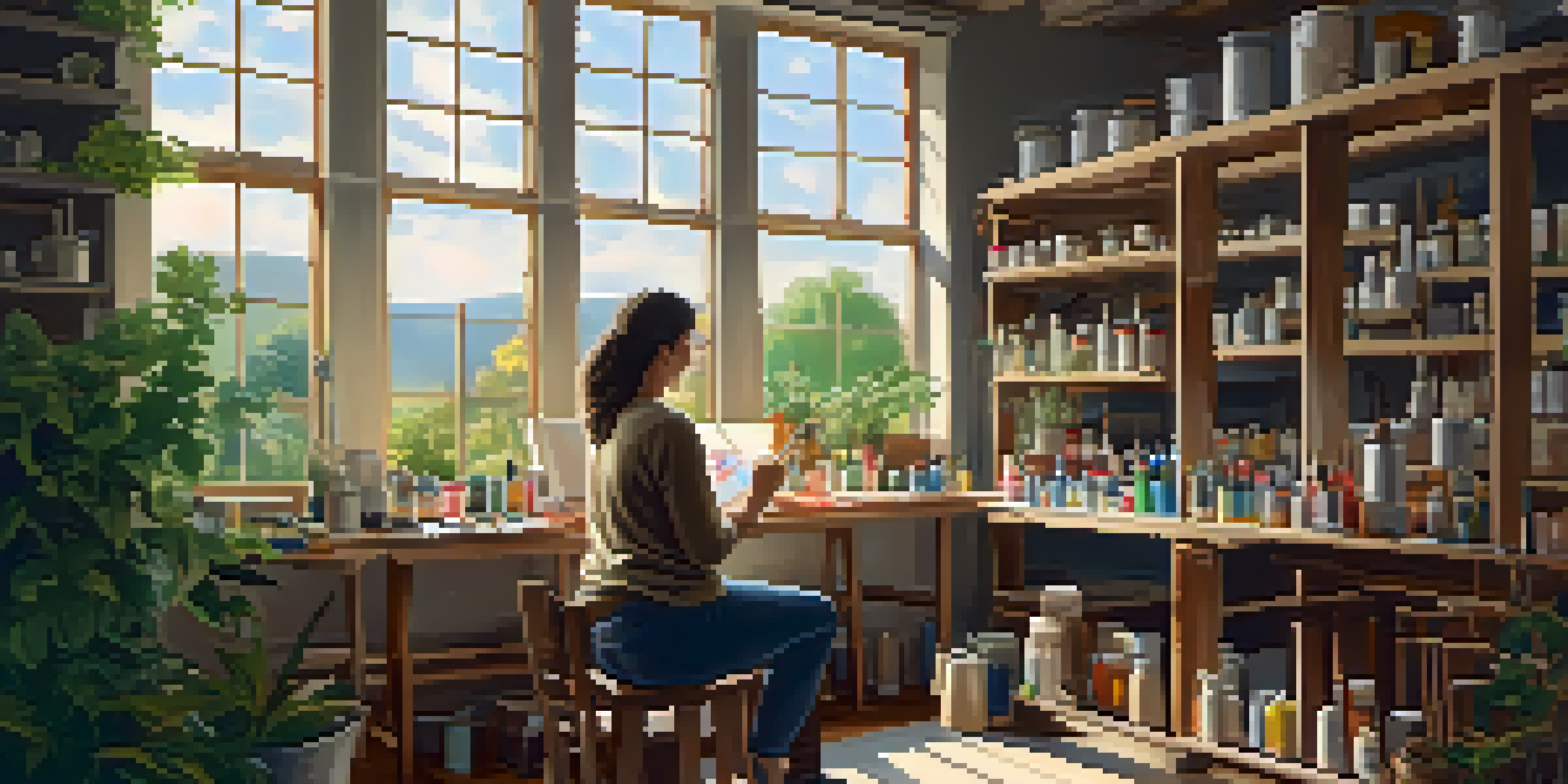 An artist in a bright studio, painting a landscape on a canvas surrounded by art supplies.