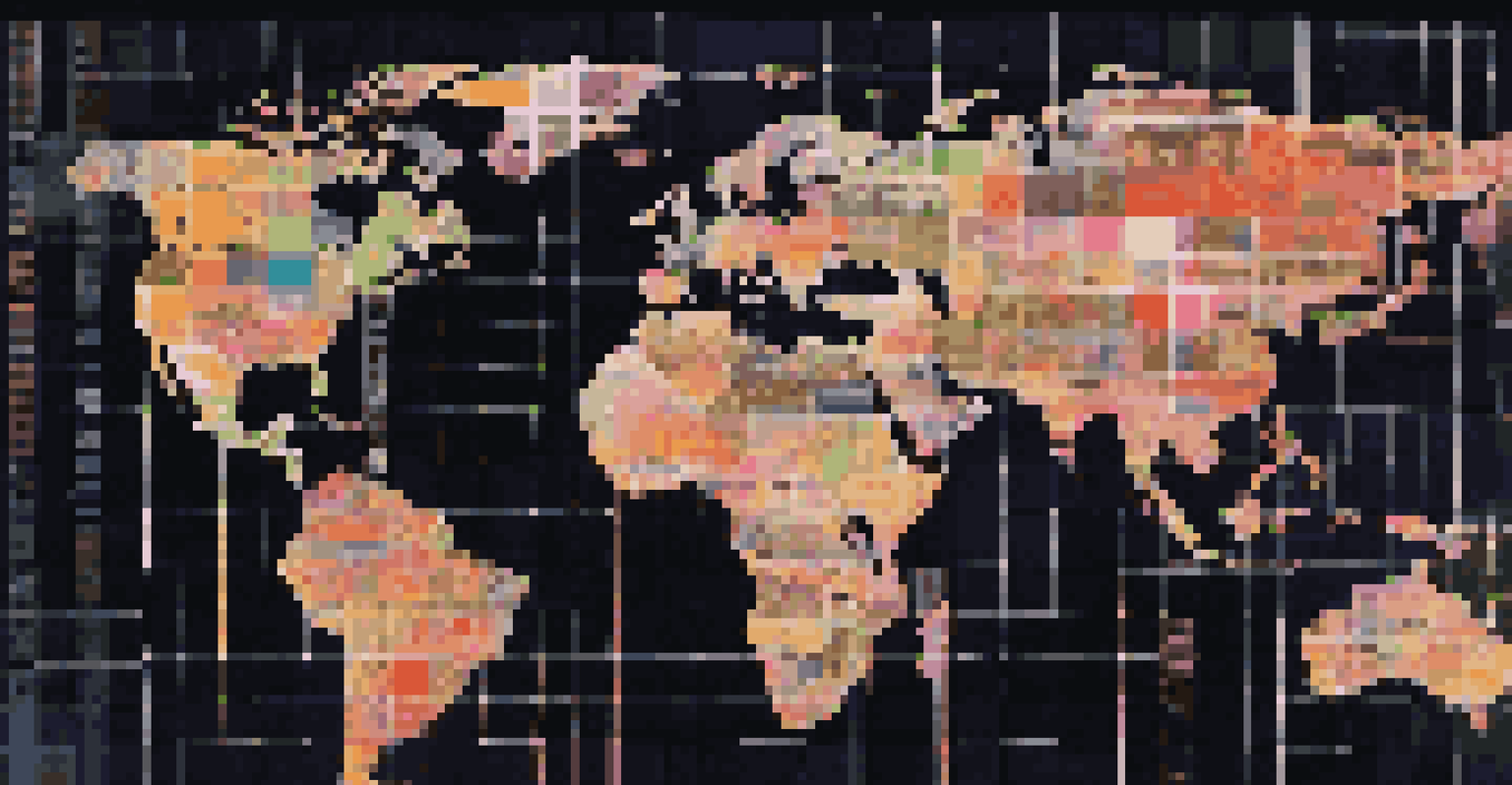 A creative digital art map composed of colorful screens showing various social messages, set against a dark background.