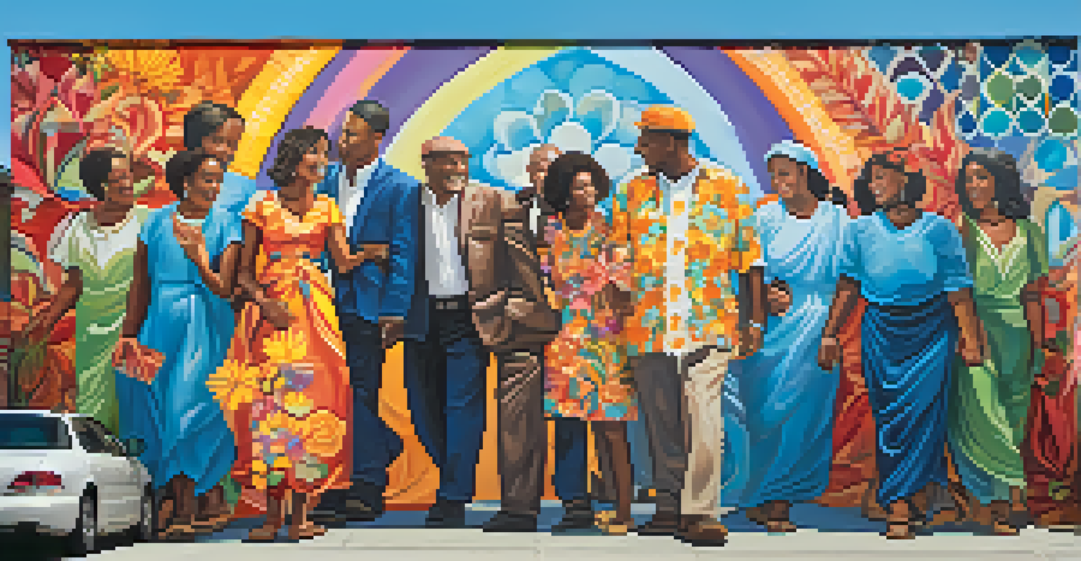 A colorful mural showing diverse individuals holding hands in an urban setting, symbolizing unity.