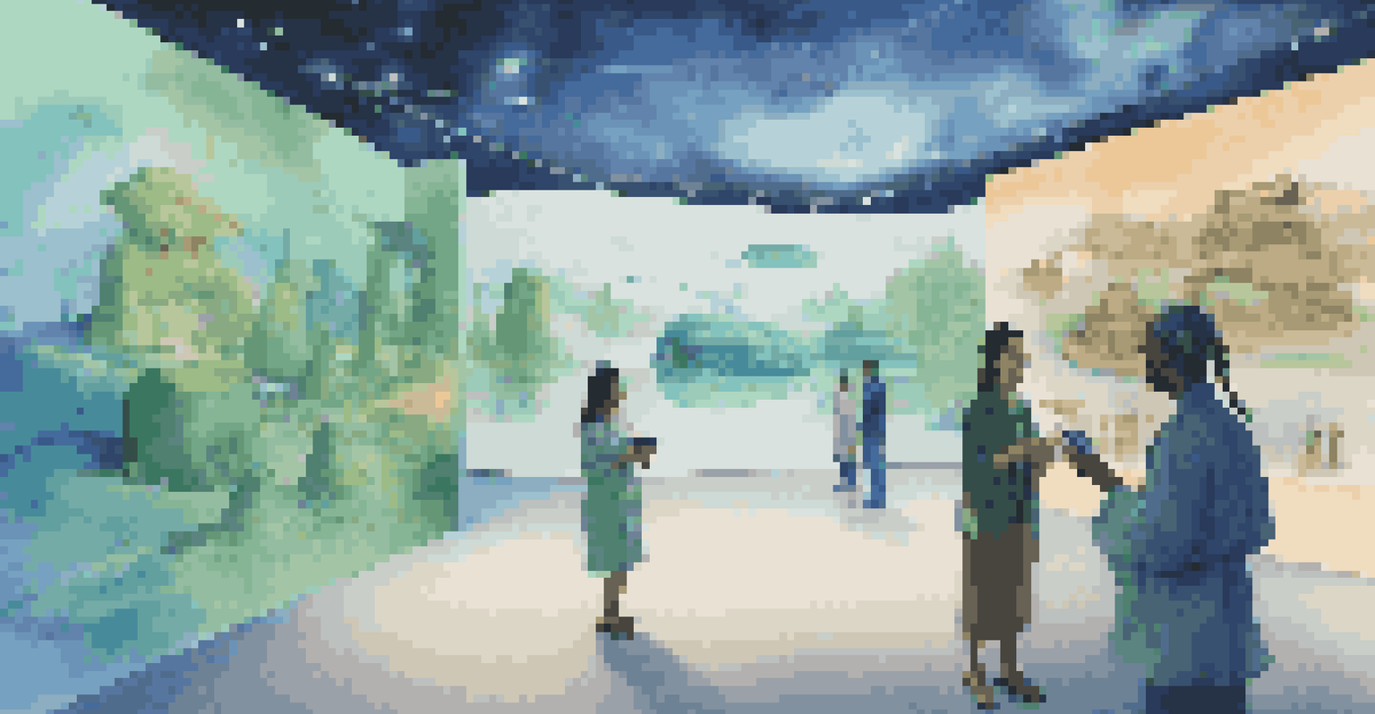 A digital landscape of a virtual museum exhibit with visitors exploring traditional crafts through VR technology.