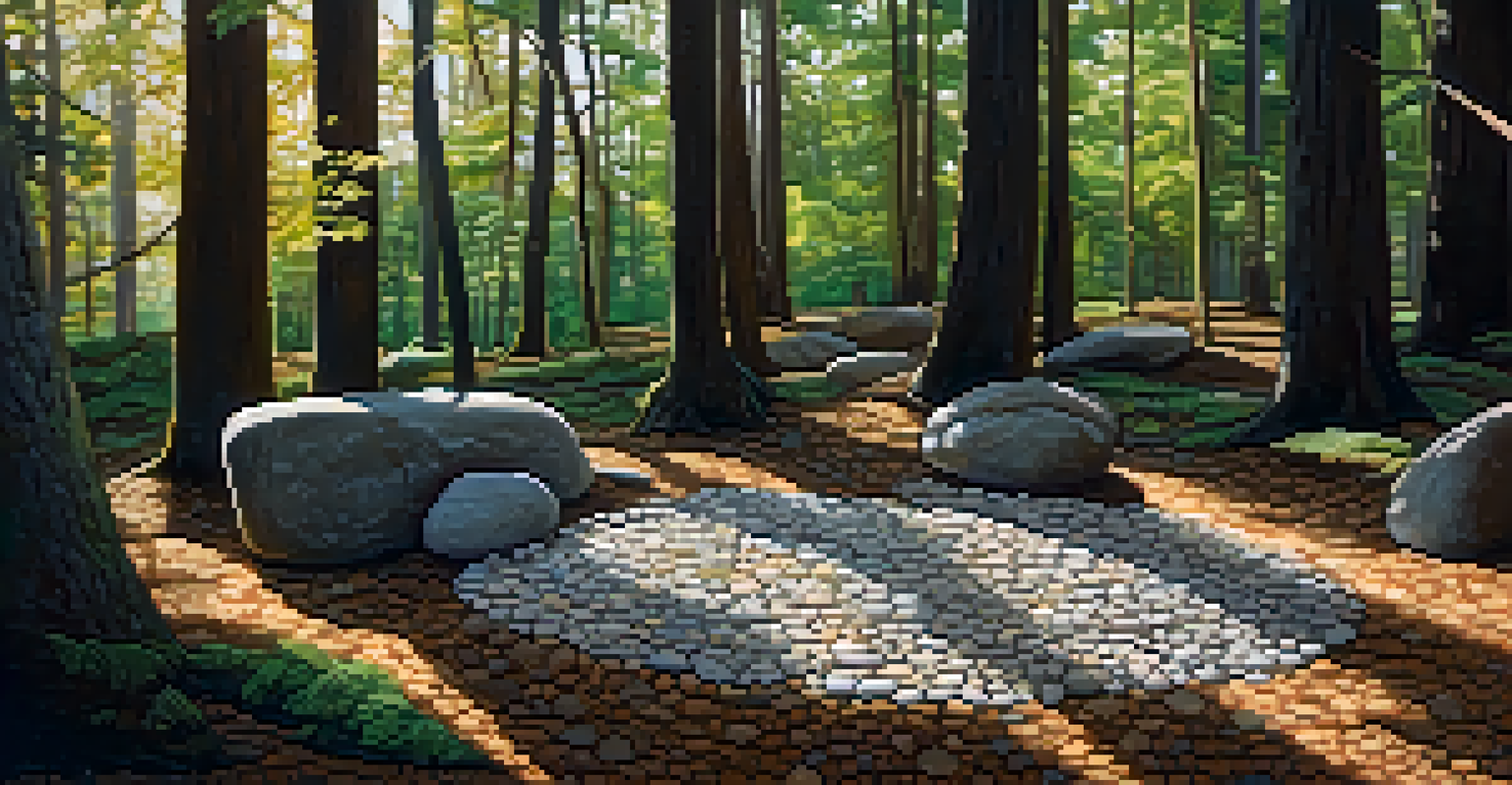 An art installation in a forest made of stones and leaves, with sunlight filtering through the trees.