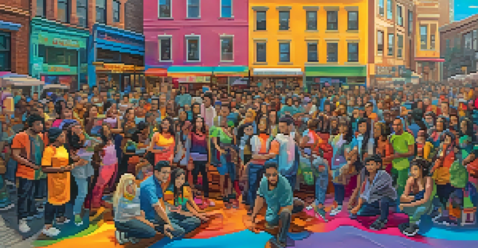 A colorful mural depicting diverse artists collaborating on a large canvas in an urban setting, symbolizing community and creativity.