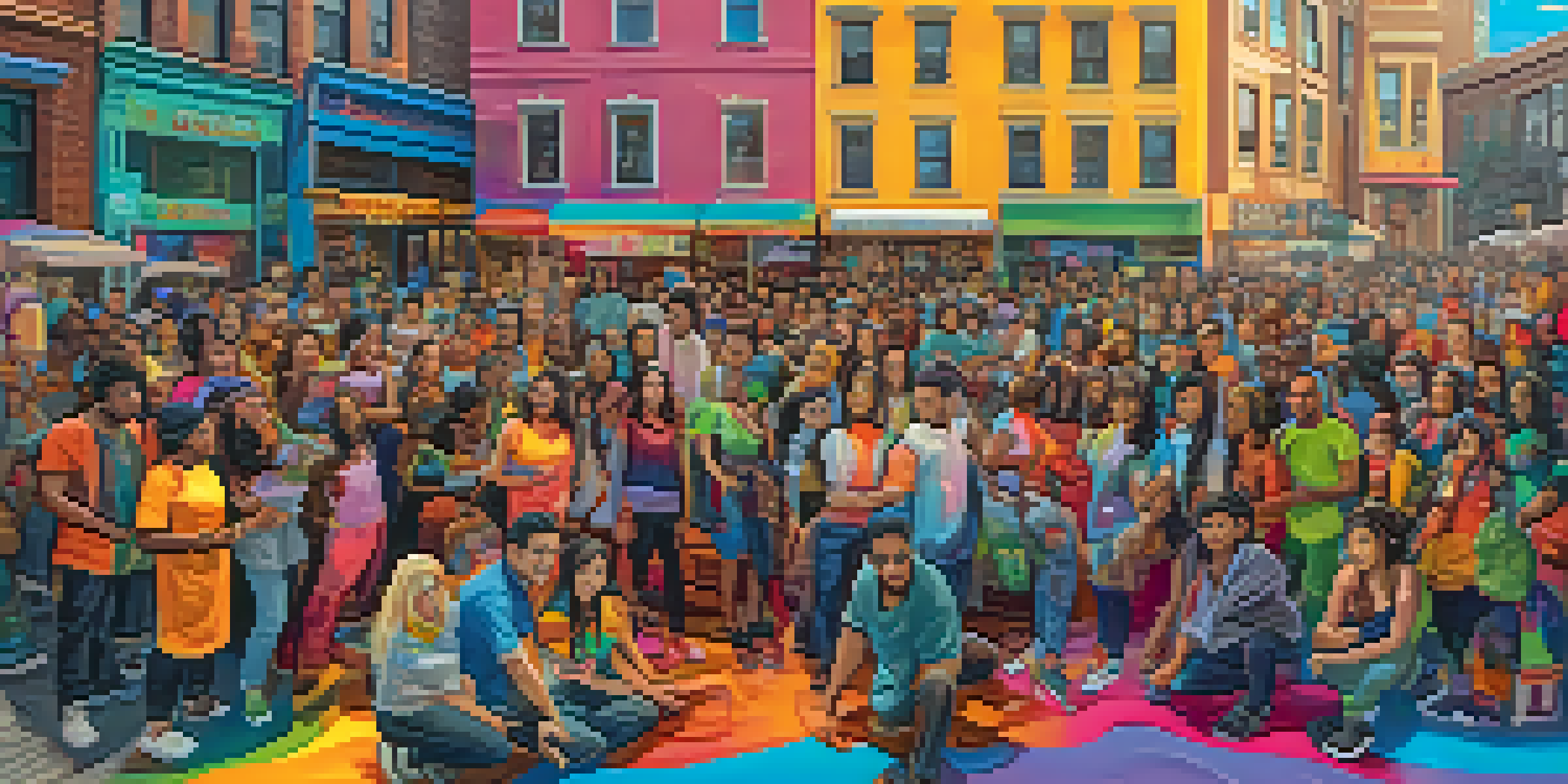 A colorful mural depicting diverse artists collaborating on a large canvas in an urban setting, symbolizing community and creativity.