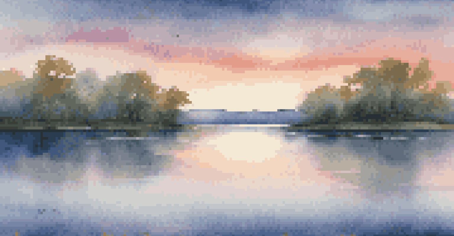 A tranquil landscape at dusk with a lake reflecting warm and cool colors of the sky, surrounded by lush greenery, evoking a sense of peace.