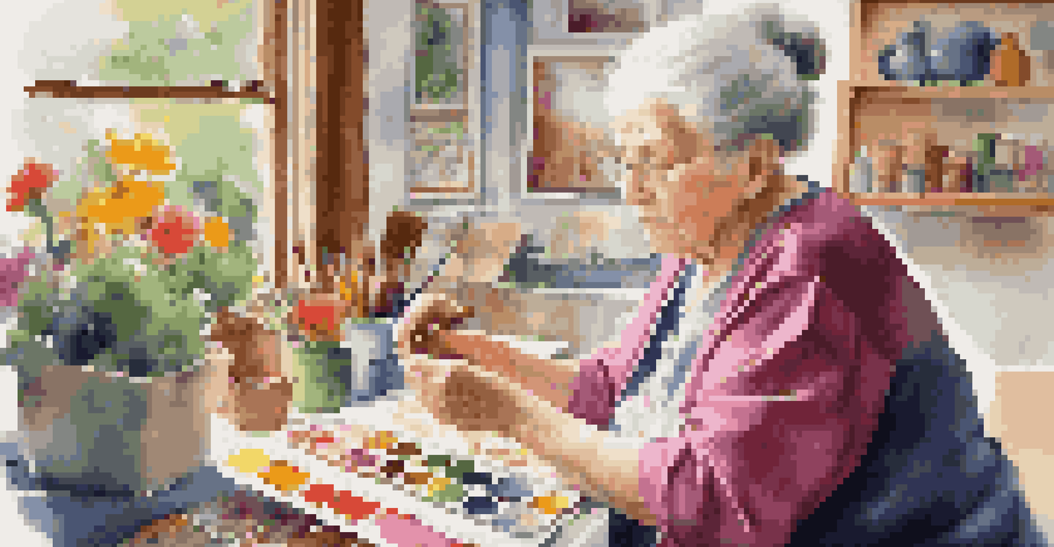 An elderly woman painting in a cozy studio, expressing her life experiences through vibrant colors on her canvas.