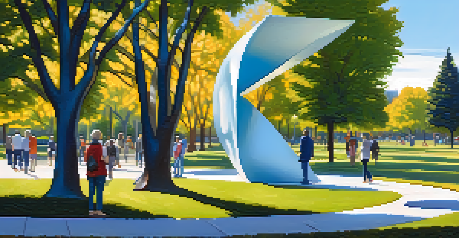 An abstract metal sculpture in a park, reflecting the sky and surrounded by people.