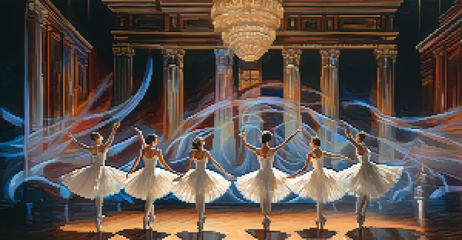 A stage performance with dancers moving gracefully, accompanied by live projections that change based on their movements and synchronized music.