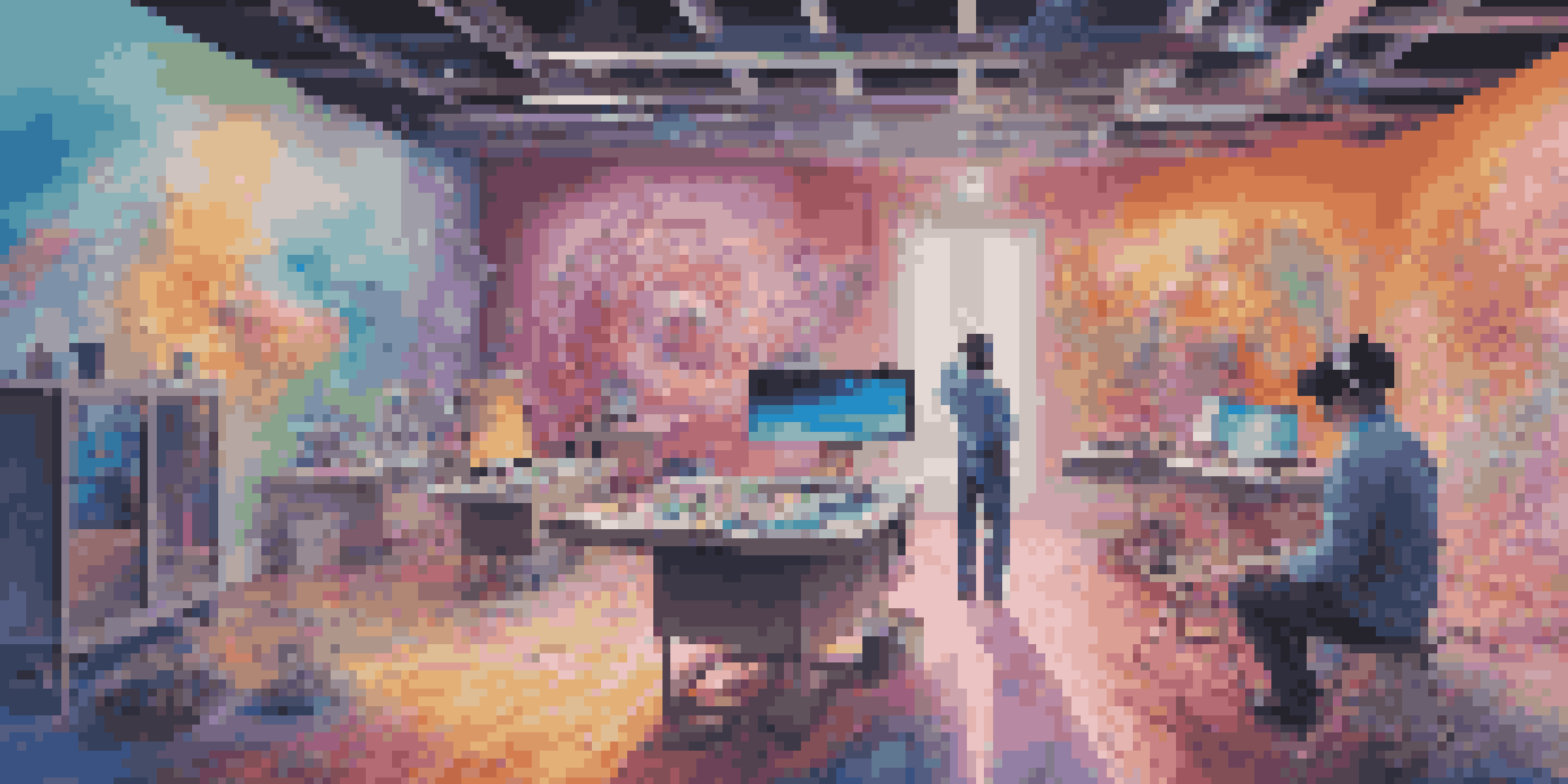 An artist in a virtual reality studio, surrounded by colorful holographic art and dynamic brush strokes.