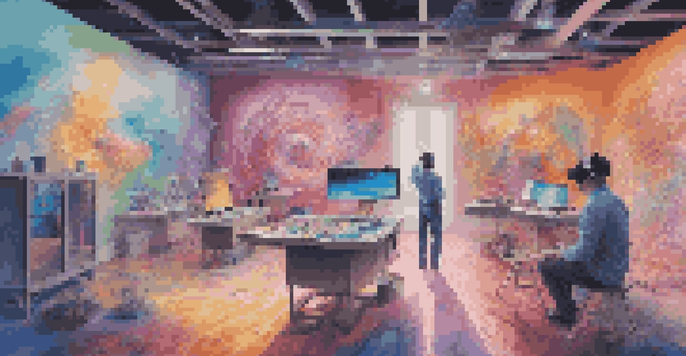 An artist in a virtual reality studio, surrounded by colorful holographic art and dynamic brush strokes.