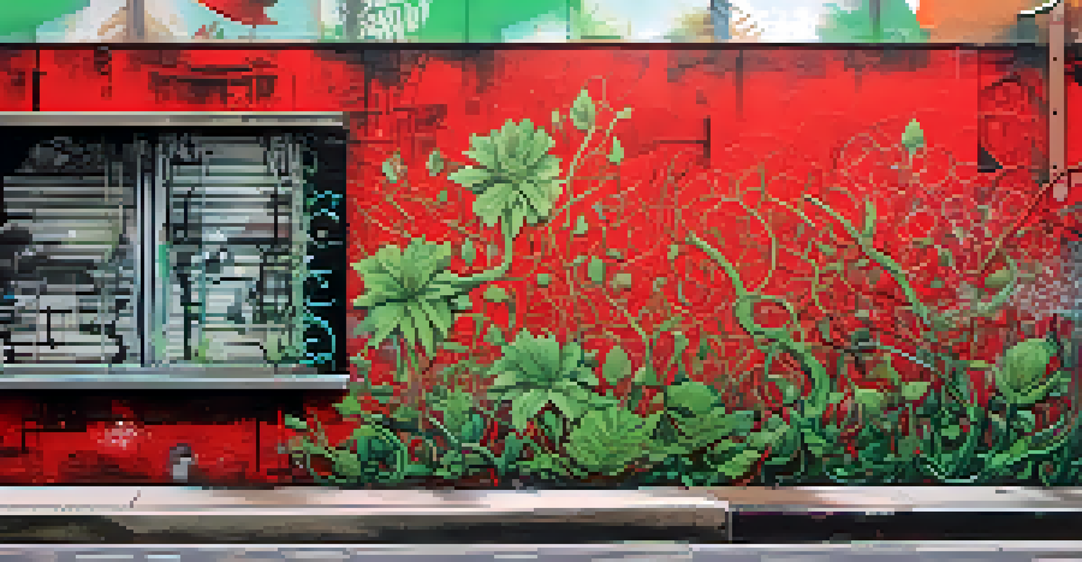 A textured wall displaying a variety of street art styles, including stencils and spray paint, with growing vines and flowers, representing the connection between nature and urban art.