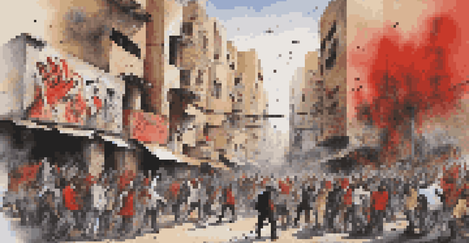 Street art representing the Arab Spring with graffiti showcasing revolution themes and vibrant colors in an urban environment.