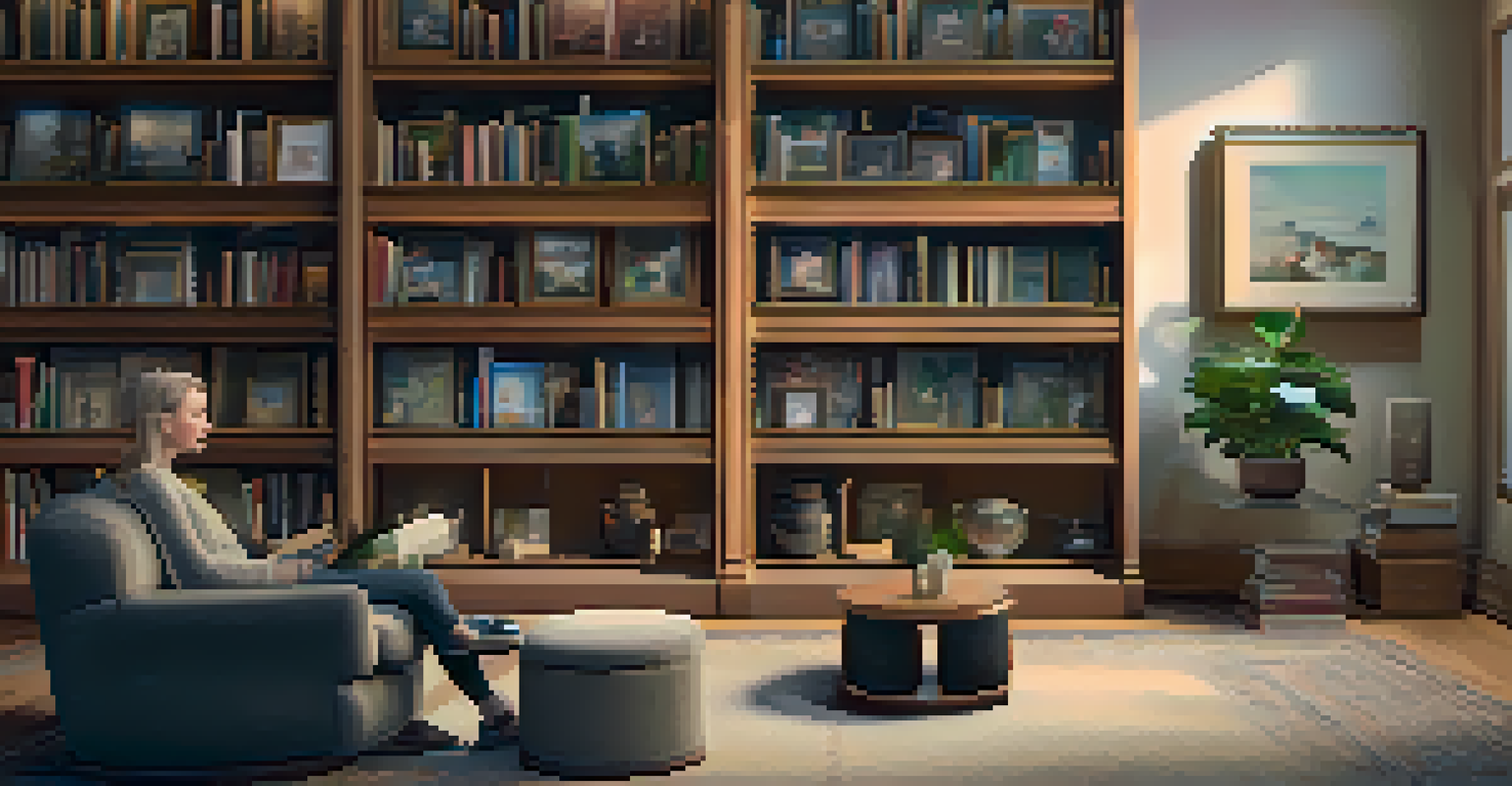 A person enjoying a virtual art gallery on a computer screen in a cozy setting.