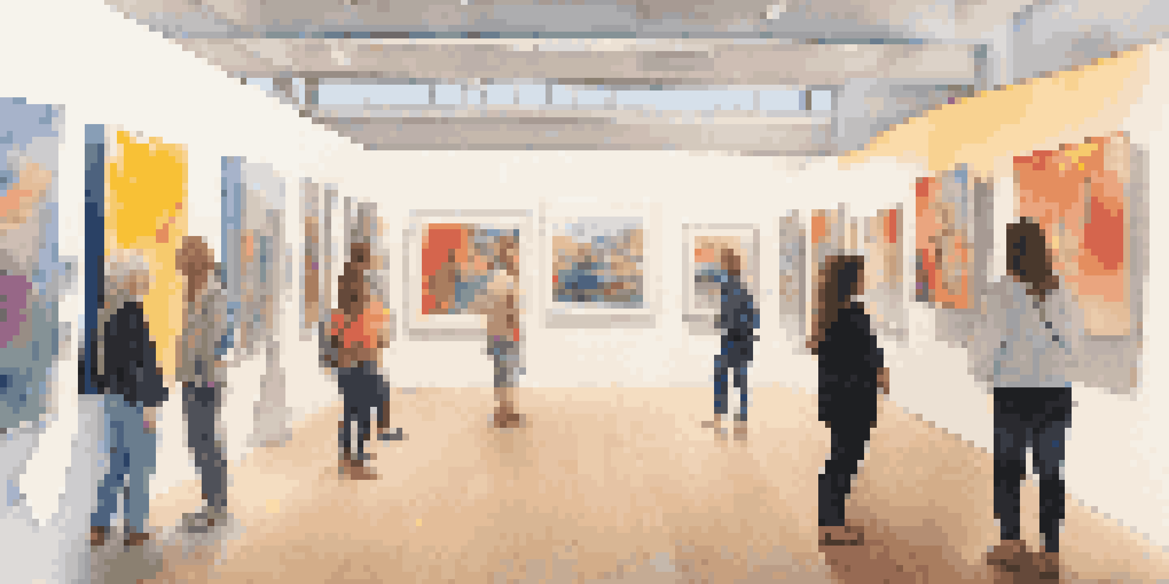 A contemporary art gallery filled with colorful abstract paintings about gender diversity, with visitors discussing the artworks under natural light.