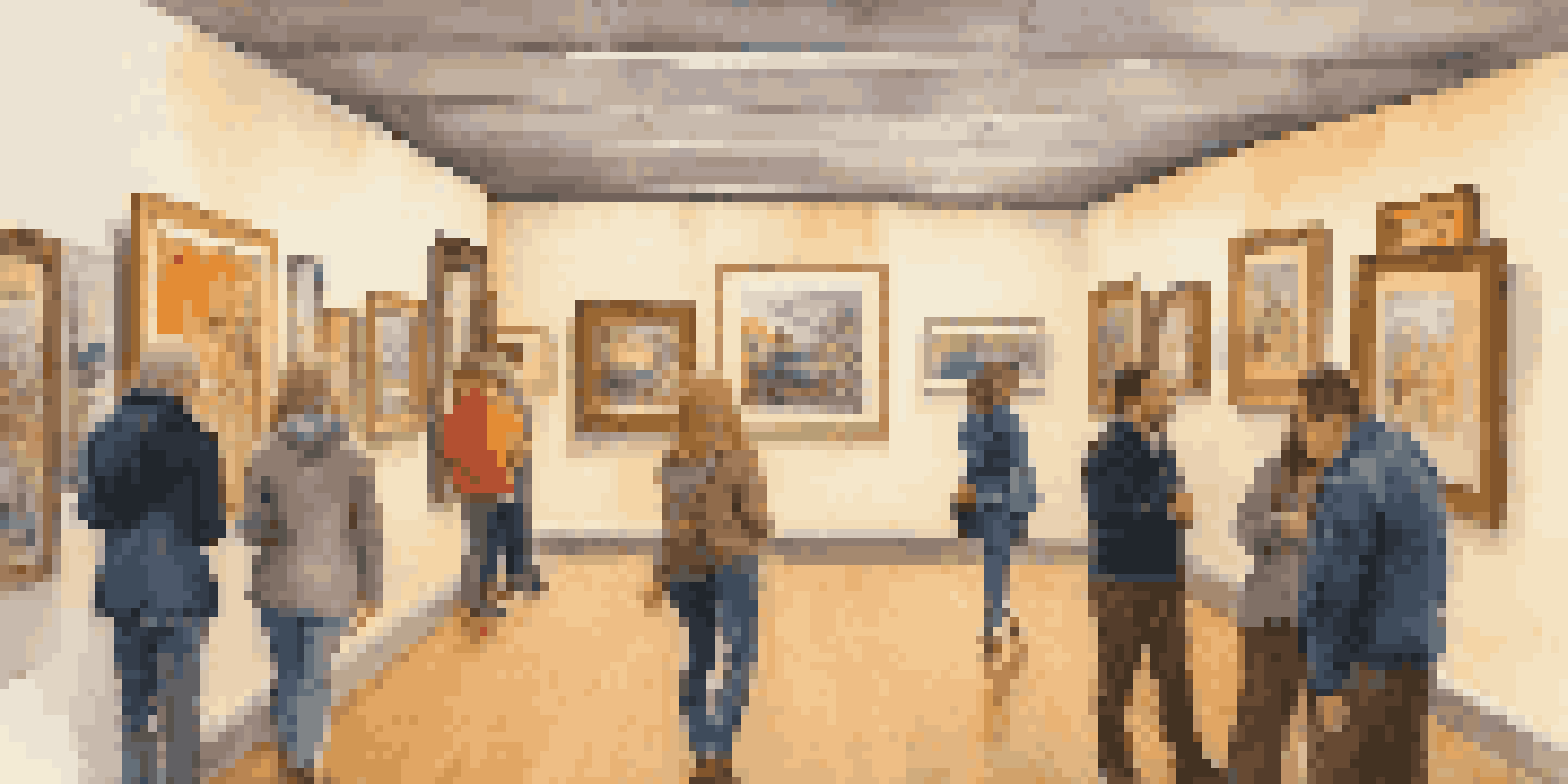 An art gallery filled with colorful Post-Impressionism paintings, with visitors discussing the artworks under warm lighting.