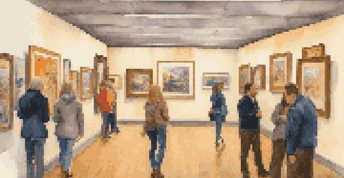 An art gallery filled with colorful Post-Impressionism paintings, with visitors discussing the artworks under warm lighting.
