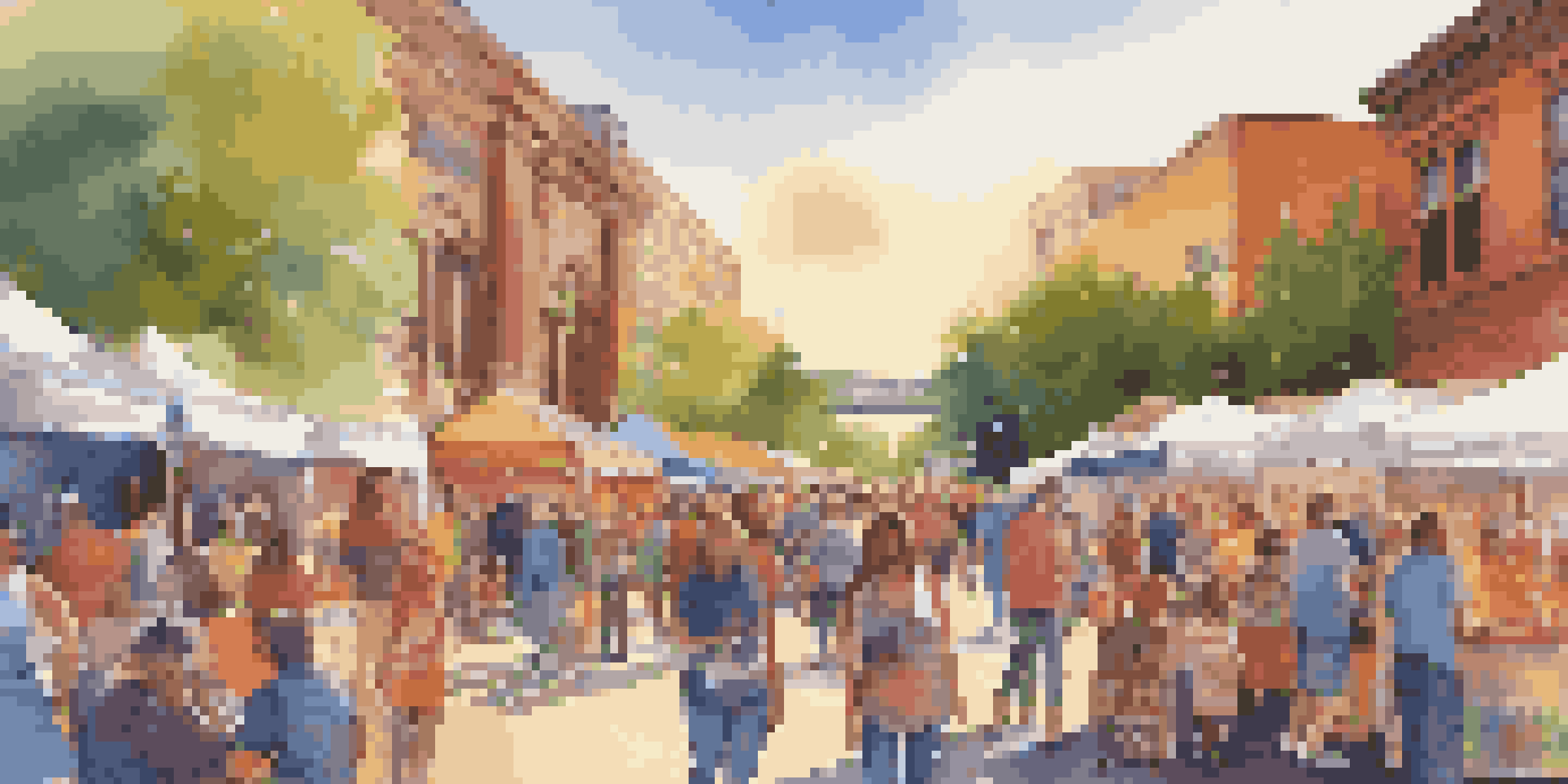 A lively community art festival with local artists displaying their work, families engaging in activities, and colorful banners in a warm sunset light.