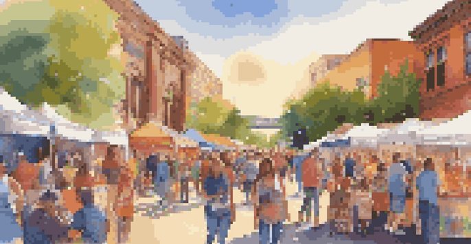 A lively community art festival with local artists displaying their work, families engaging in activities, and colorful banners in a warm sunset light.