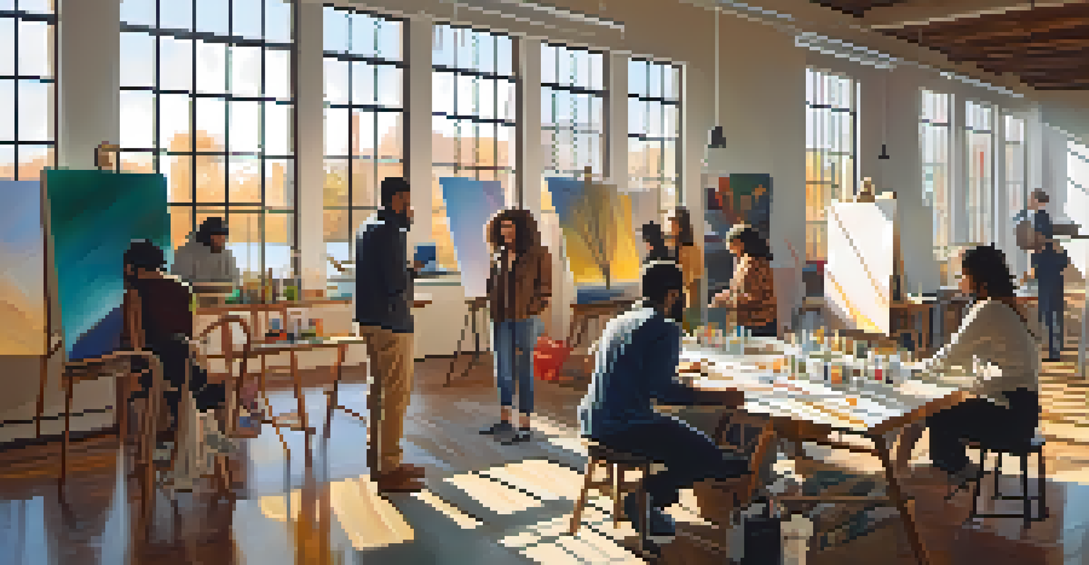 Diverse artists collaborating in a bright studio, one painting, another with sound equipment, and a third on a laptop, all amidst colorful art supplies.