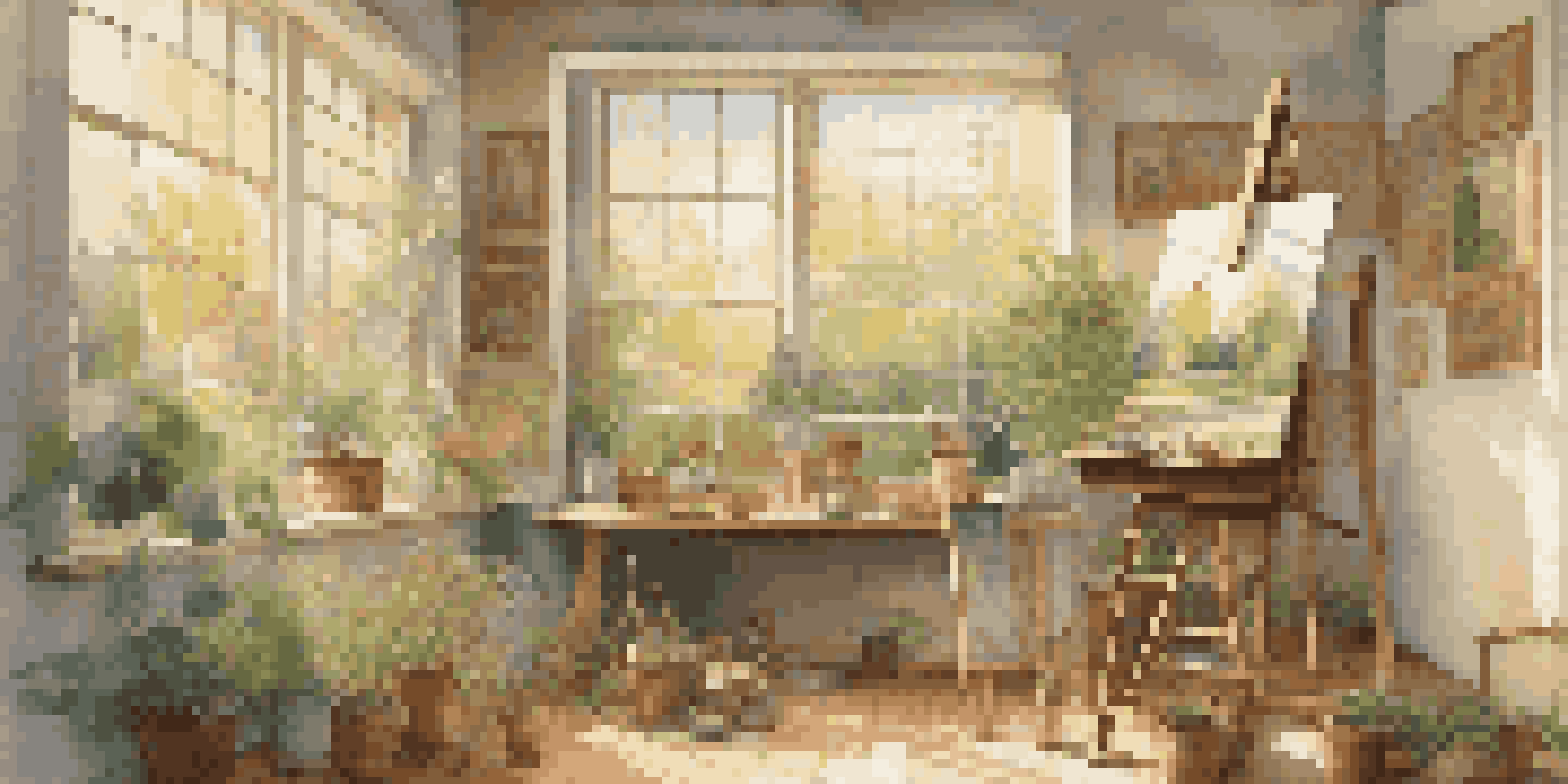 A peaceful artist's studio with an easel, natural light, and spiritual symbols on the walls, overlooking a lush garden.