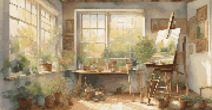 A peaceful artist's studio with an easel, natural light, and spiritual symbols on the walls, overlooking a lush garden.