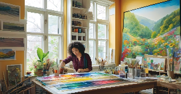 An artist painting in a bright art studio filled with colorful artworks and natural light.