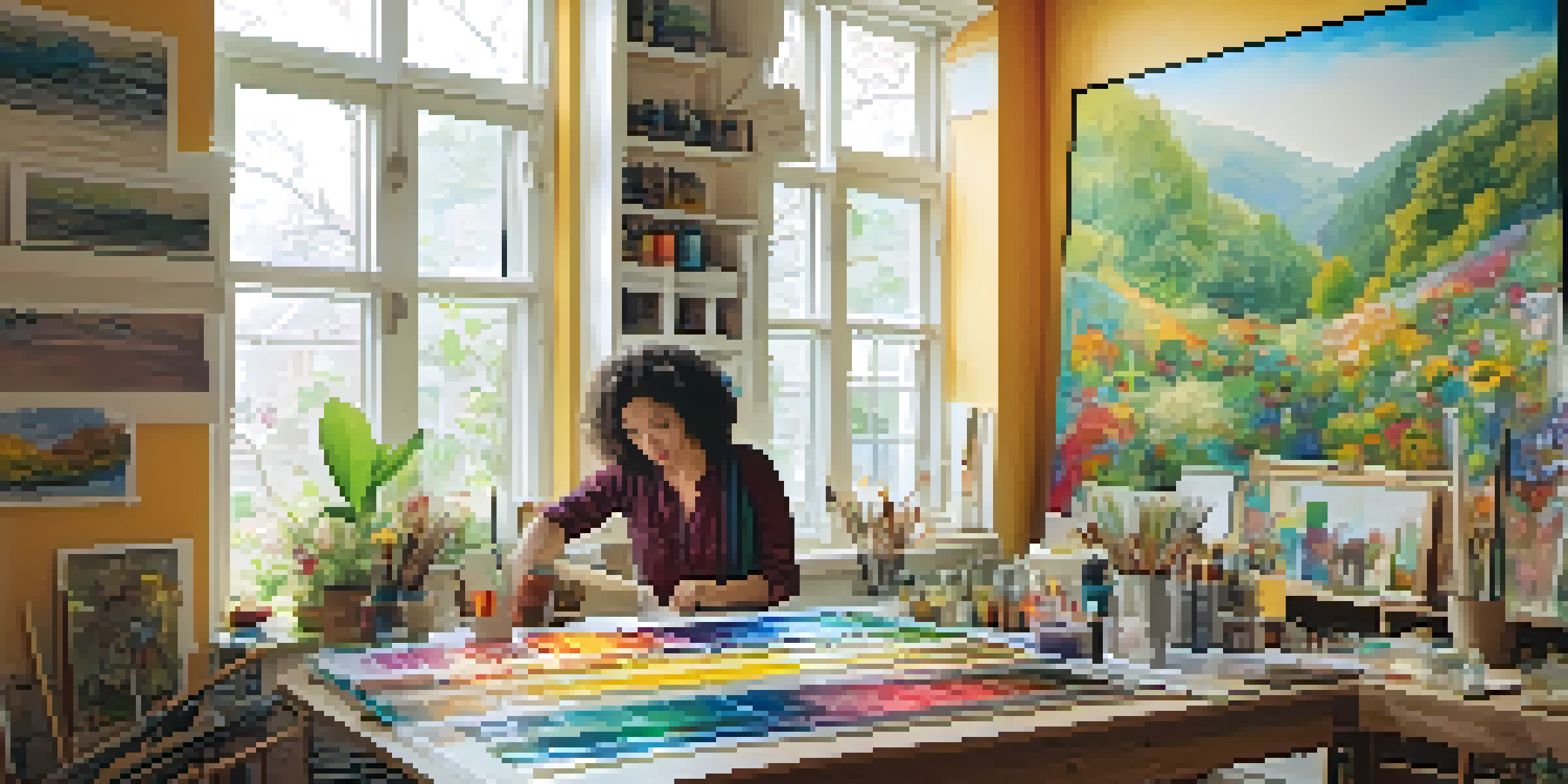 An artist painting in a bright art studio filled with colorful artworks and natural light.