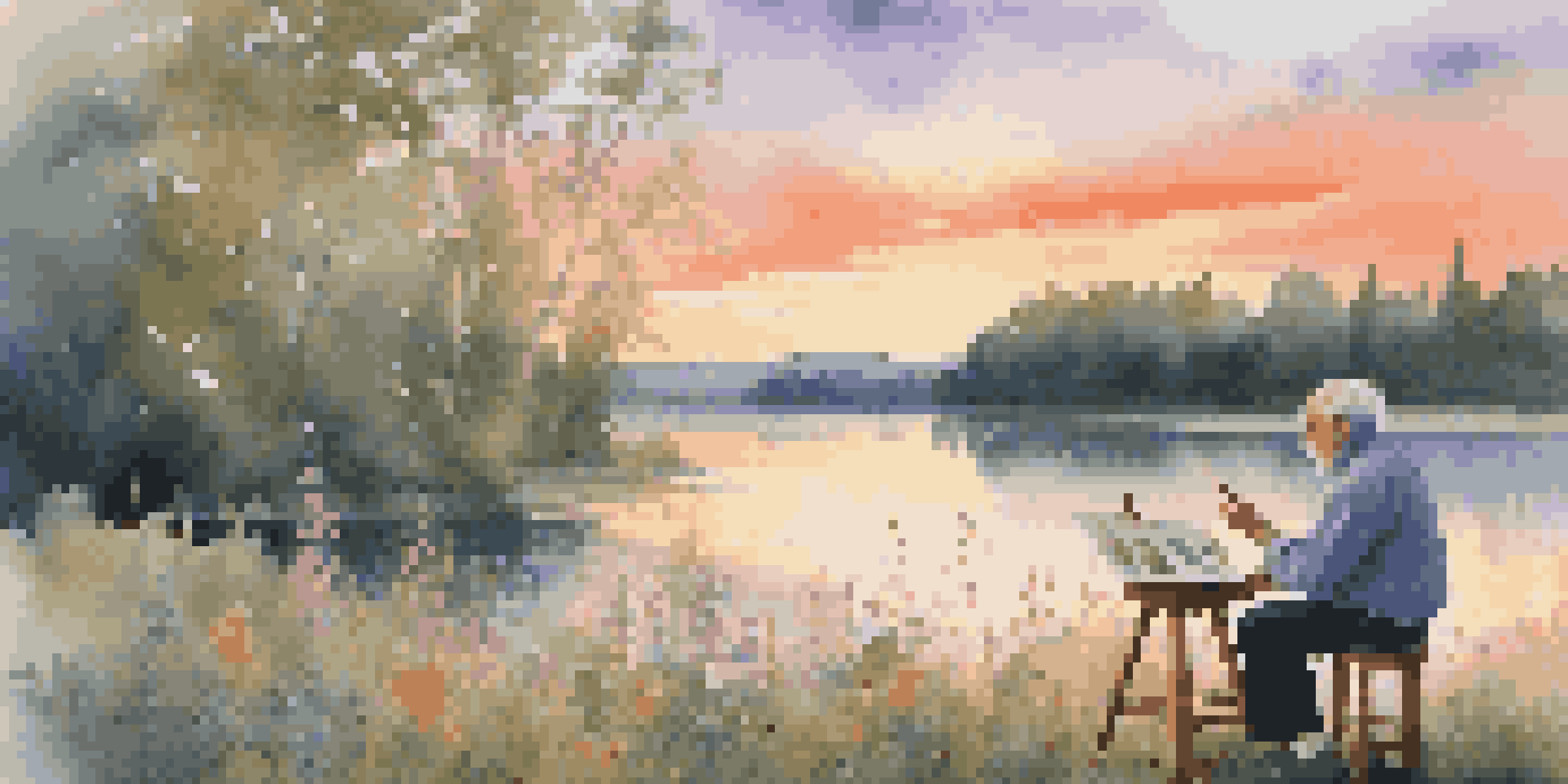 An elderly artist painting at sunset by a calm lake, surrounded by greenery and wildflowers.