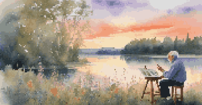 An elderly artist painting at sunset by a calm lake, surrounded by greenery and wildflowers.