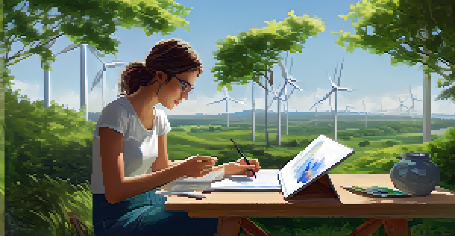 An eco-friendly artist in an outdoor setting, sketching on a tablet surrounded by greenery and renewable energy sources.
