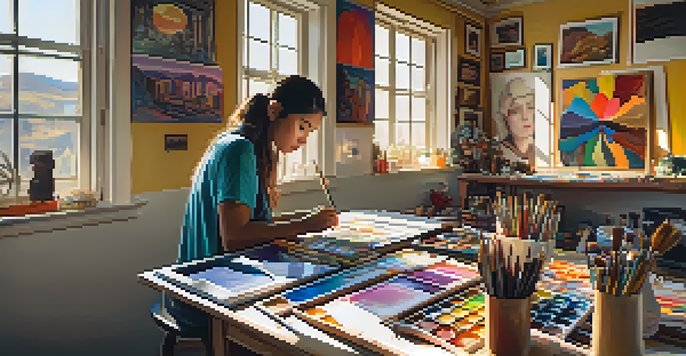 An artist working in a colorful studio filled with art supplies and vibrant paintings, illuminated by warm sunlight.