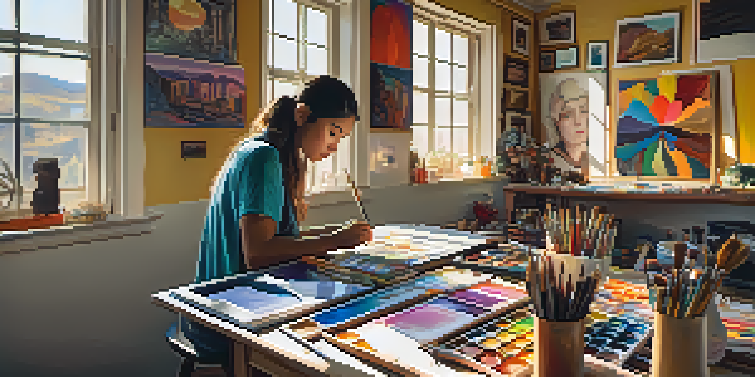 An artist working in a colorful studio filled with art supplies and vibrant paintings, illuminated by warm sunlight.