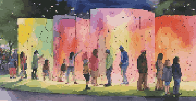 A lively urban park with colorful interactive sculptures made of recycled materials, illuminated by LED lights, and diverse people engaging with the art.