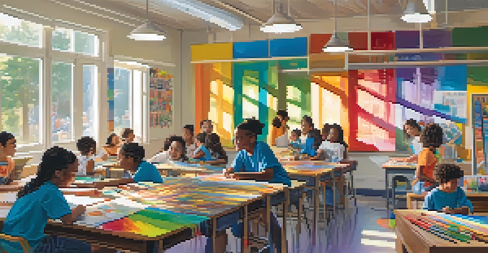 A lively classroom with students of diverse backgrounds working on art projects, surrounded by colorful artworks and bright sunlight.