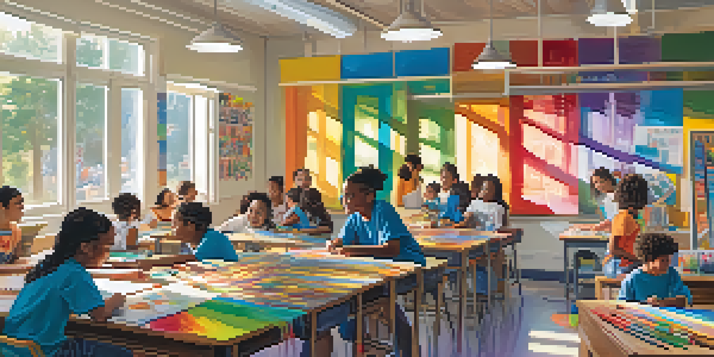 A lively classroom with students of diverse backgrounds working on art projects, surrounded by colorful artworks and bright sunlight.