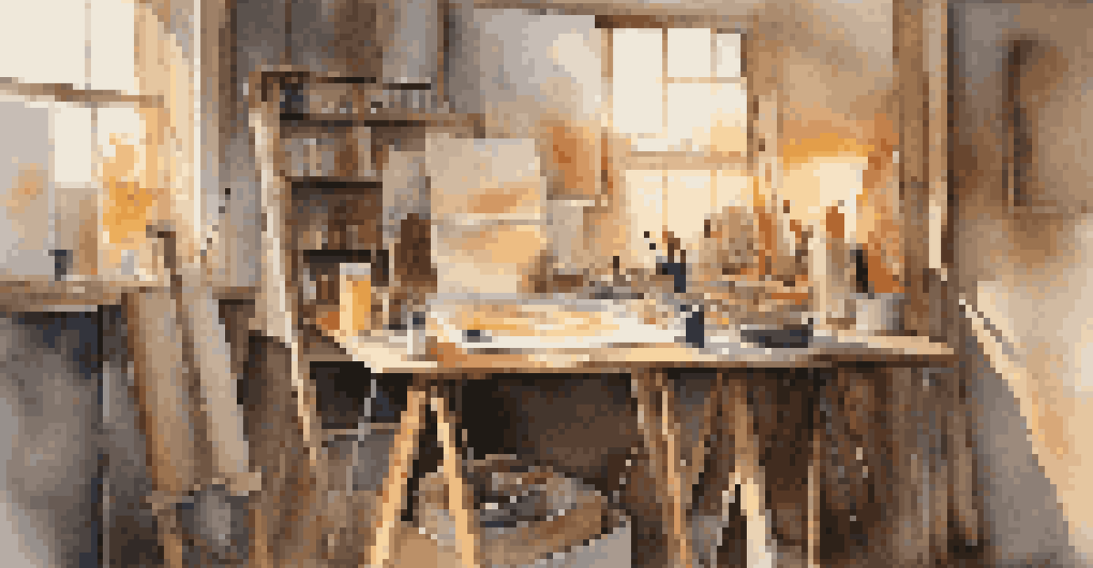 An artist's workspace with canvases and paints, featuring a partially finished painting on an easel, illuminated by warm light.