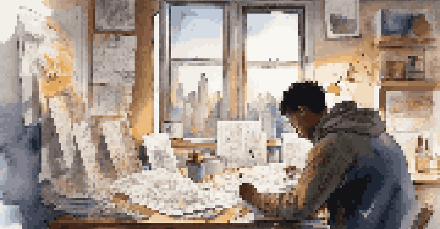 A young filmmaker at work on a storyboard in a cozy workspace, surrounded by sketches and art supplies, with a city skyline visible through the window.