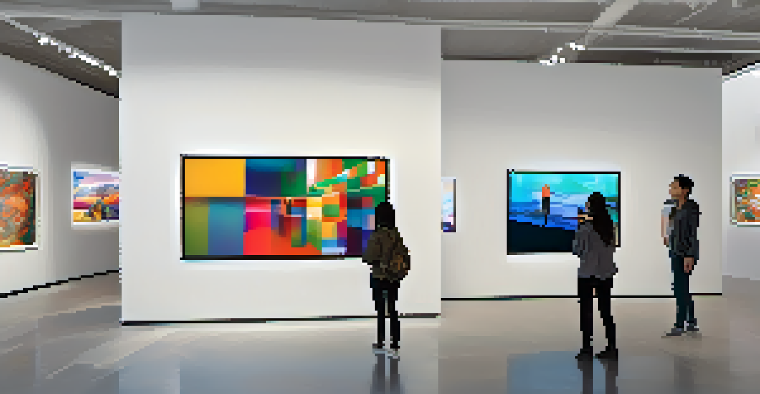 A modern digital art exhibition with visitors interacting with vibrant multicultural artworks on screens.