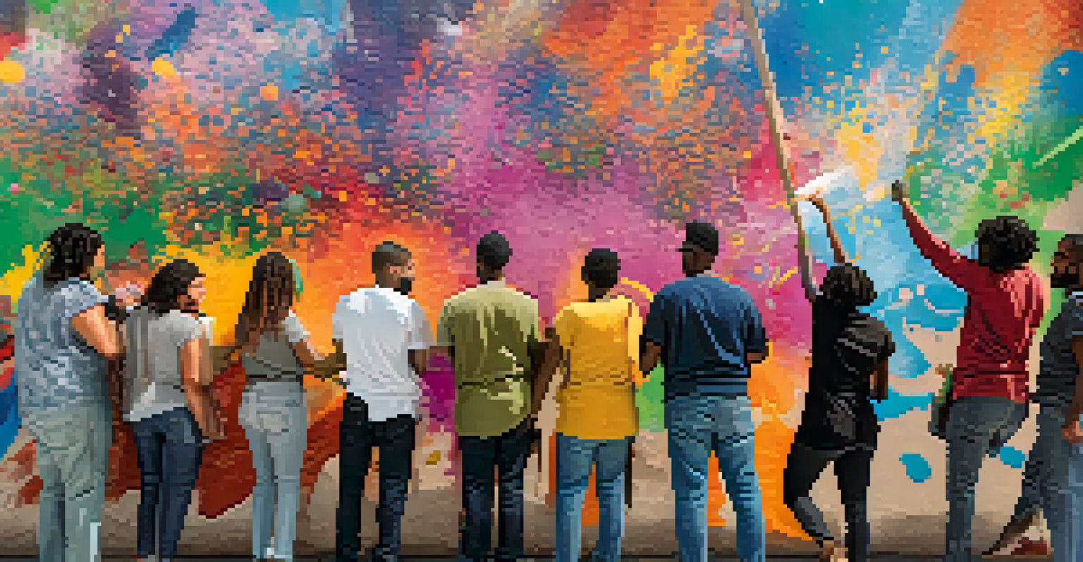 A diverse group of artists collaborating on a mural, showcasing vibrant colors and intricate patterns, embodying community and creativity.