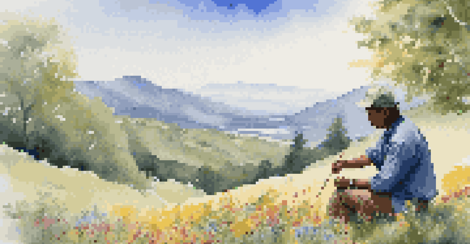 A young indigenous man painting outdoors on a grassy hillside, with wildflowers and trees around him, and mountains in the background under a clear blue sky.
