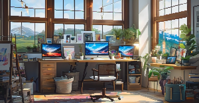 A colorful art studio filled with supplies and artworks, illuminated by natural light.