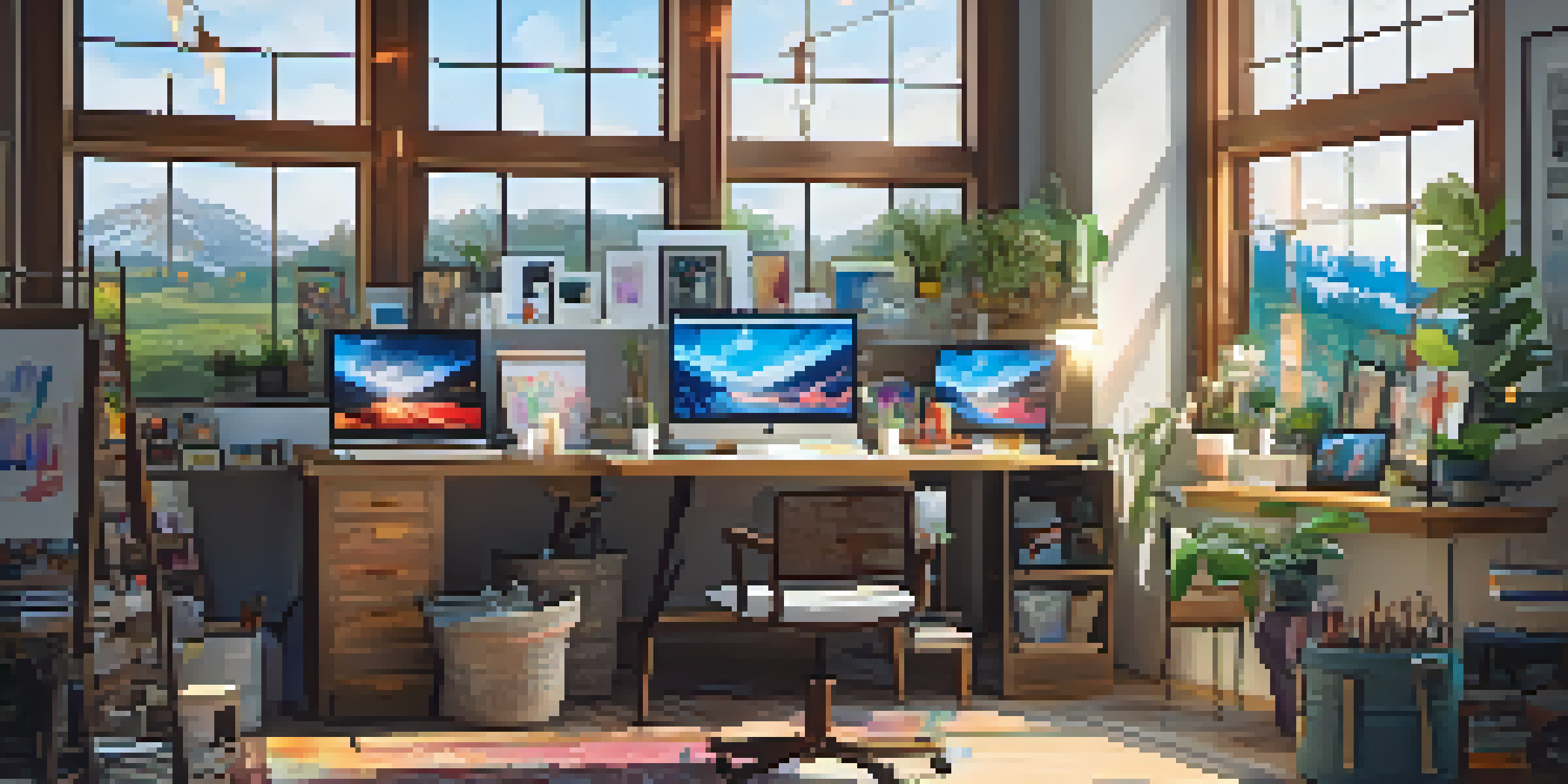 A colorful art studio filled with supplies and artworks, illuminated by natural light.
