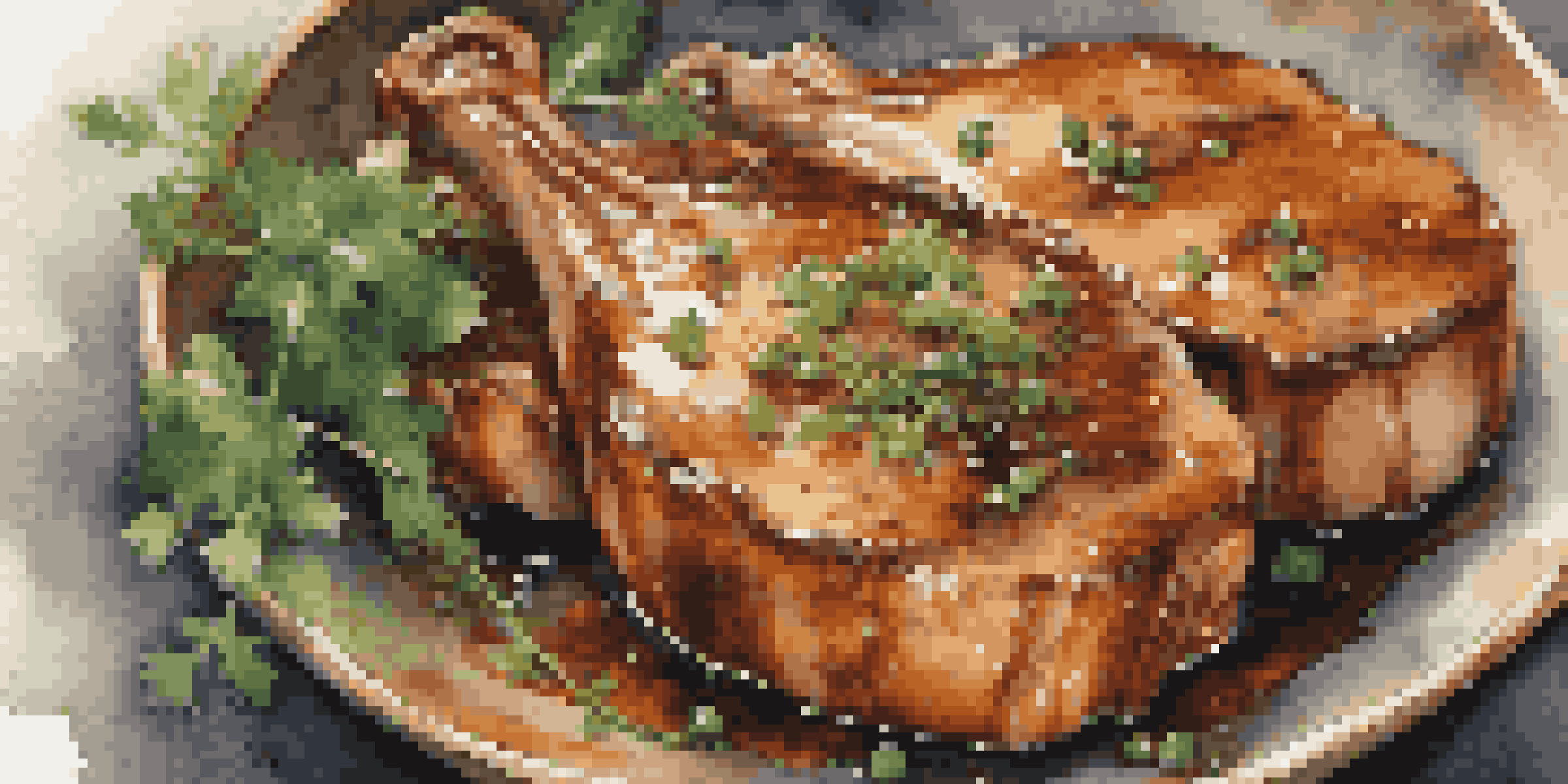 A close-up view of marinated pork chops in a rustic dish, surrounded by fresh herbs and illuminated by soft lighting.